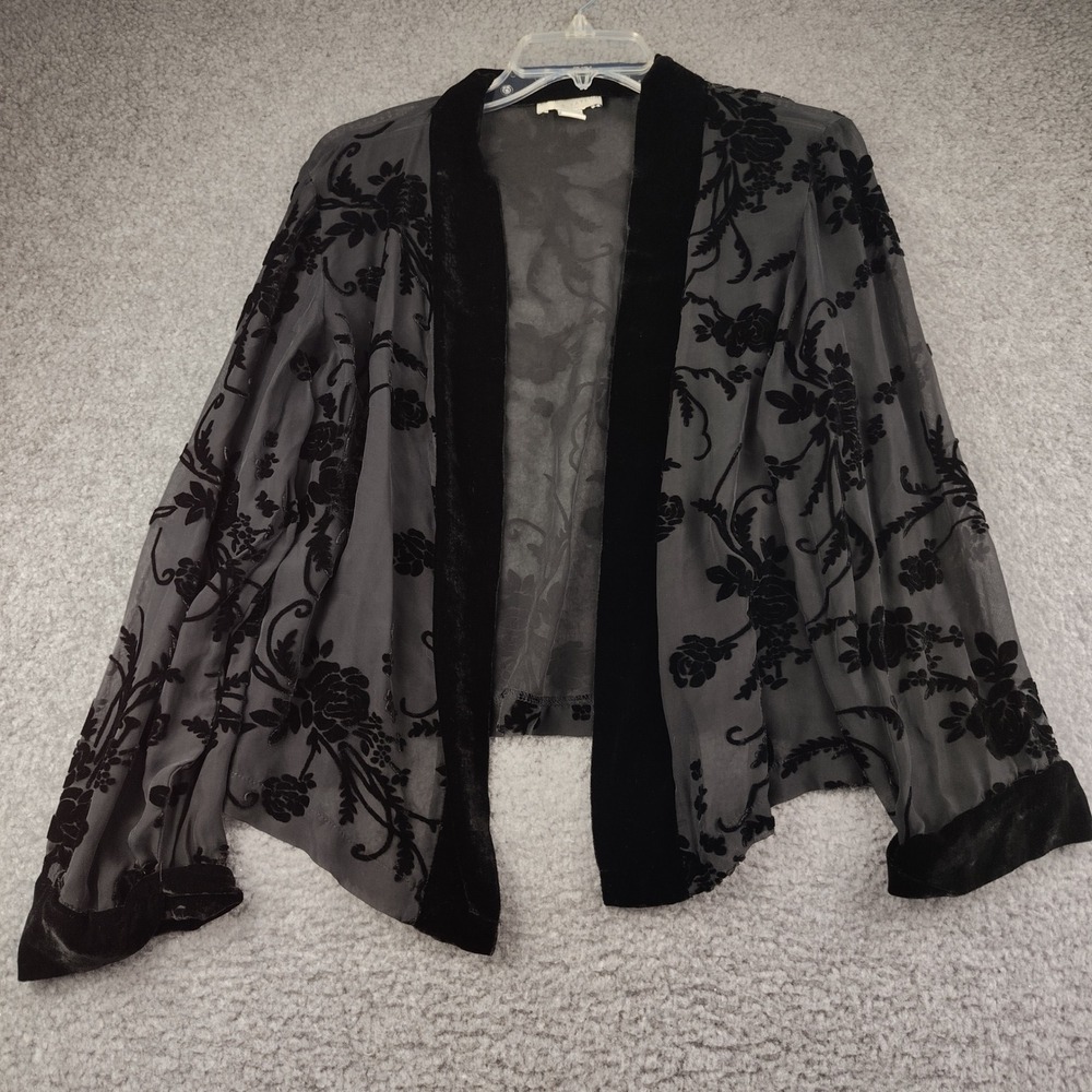 Lord & Taylor Silk Jacket Sz L/XL Burnout Velvet Floral Sheer Open Shrug EUC
